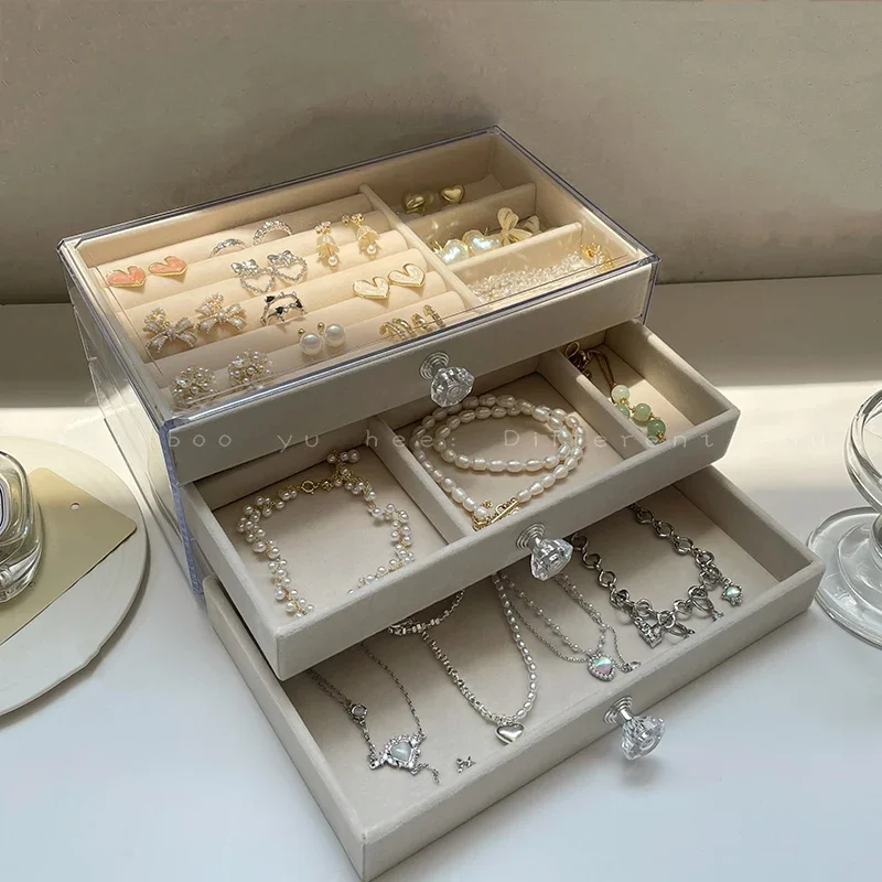 

Acrylic Jewelry Organizer Box 3 Layers Drawer Jewelry Boxes Velvet Luxury Earrings Necklace Ring Storage Box Display Necklace