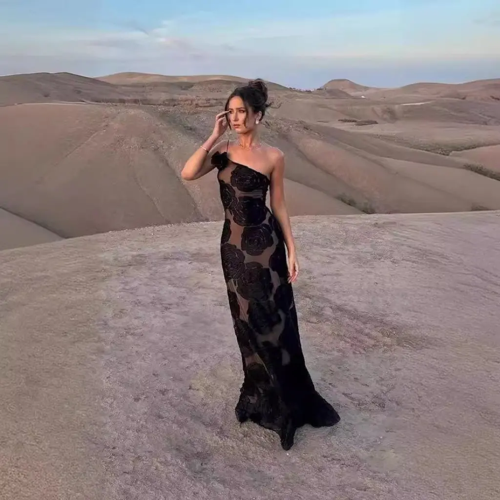 Robe sexy à bretelles à fleurs brûlées et épaules obliques pour femmes, populaire HY105