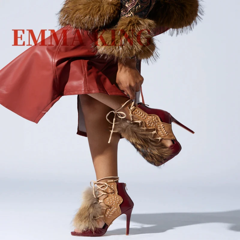 المفتوحة تو Strappy الفراء المرأة الصنادل التطريز تصميم عودة البريدي صنادل عالية الكعب الصيف موضة الكاحل عالية رمح المدرج الصنادل