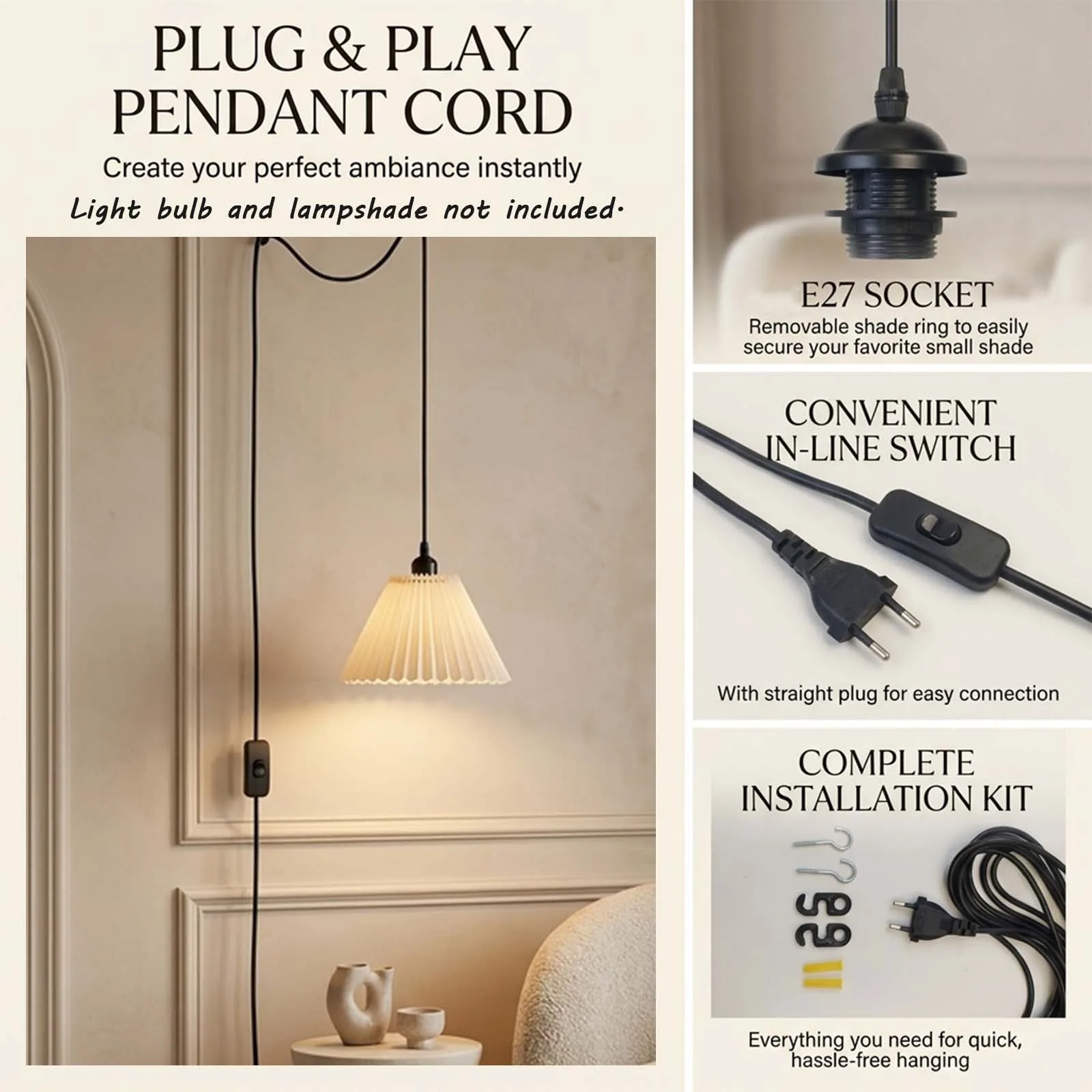 Black Lamp Cord Kit, E27 Socket, Convenient Inline Switch, Straight Plug, Complete Installation Kit, Living Room, Plug-in