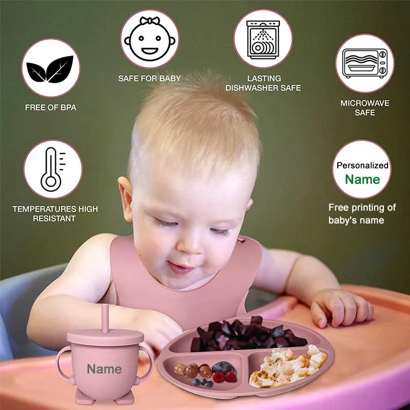 6Pcs Silicone Tableware Set Baby Feeding Set Personalized Name Kids Plate Bowl Spoon Fork Children's Tableware Gift for Boy Girl