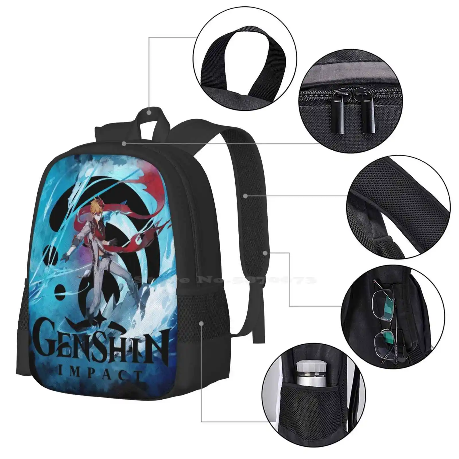 Mochila Genshin Impact Gaming, Bolsa de Estudante Aquarela Tartaglia 3D Print Design, Husbando Video, Venti Jean Diona Kequing