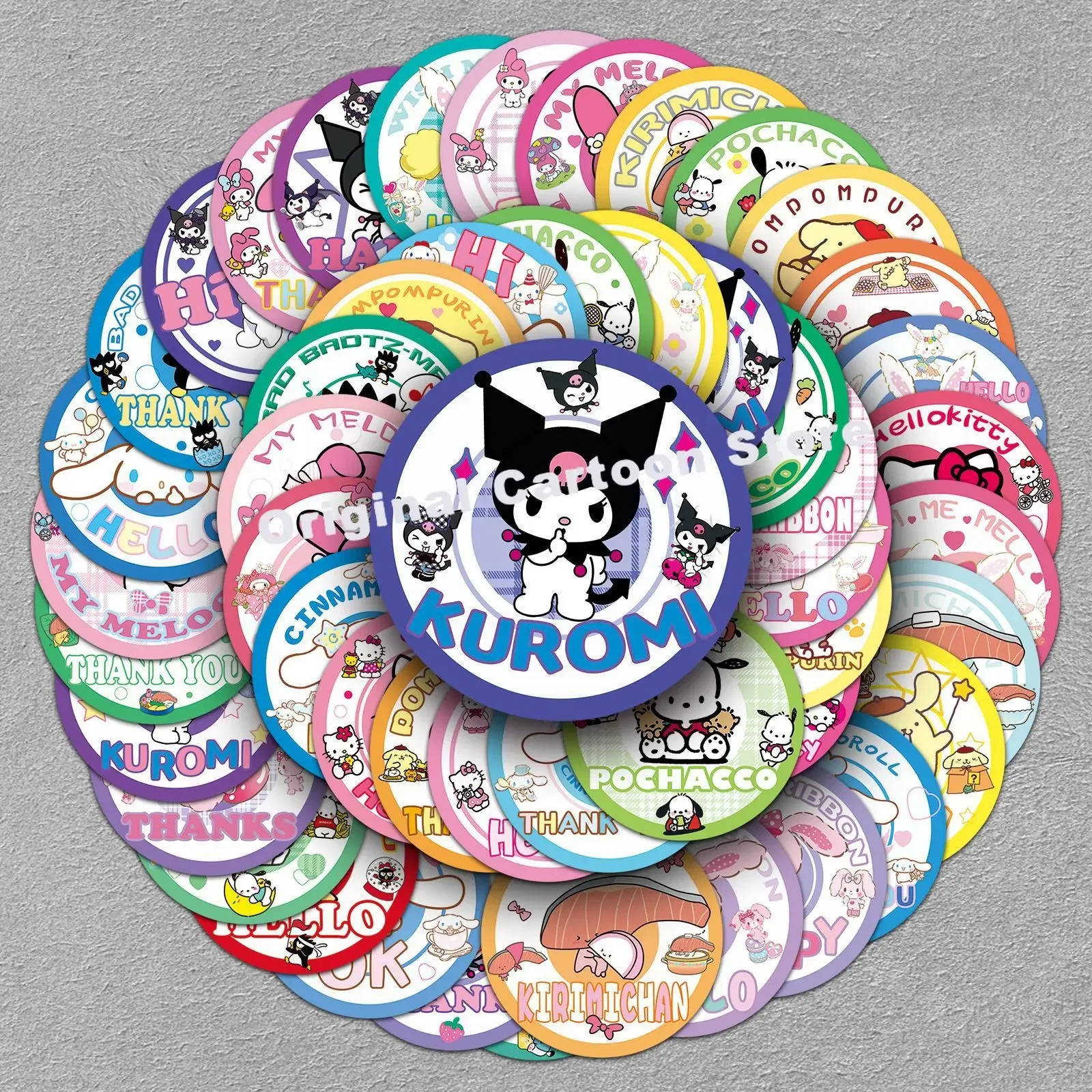 50 Pictures Hello Kitty Sanrio Kuromi Badge Sticker Cartoon Cute Cool Penguin Water Proof Decorate Round Seal Sticker Child Gift