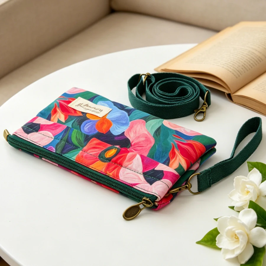 Leichte Canvas-Handytasche mit Blumenmuster für Damen, Umhängetasche mit mehreren Taschen und Reißverschluss, verstellbarer Riemen, Mini-Handgeldbörse – Detail 7