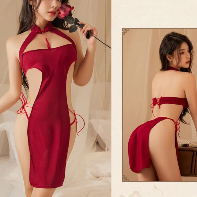 Sexy lingerie Cheongsam deep V slit dress uniform tempting tight fitting sexy clothes for woman Women\'s pajamas night richiami