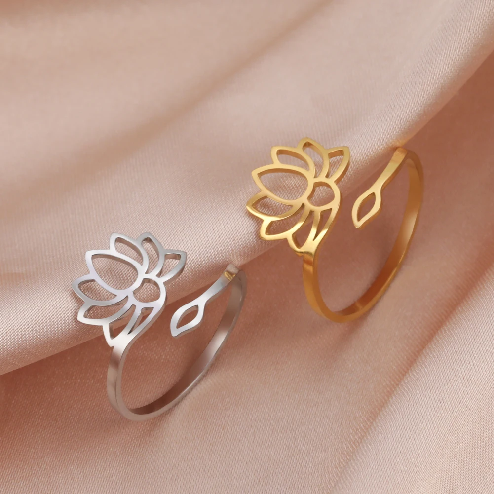 COOLTIME Stainless Steel Lotus Flower Open Rings for Women Adjustable Buddha Yoga Amulet Ring 2024 Vintage Jewelry Wedding Gift