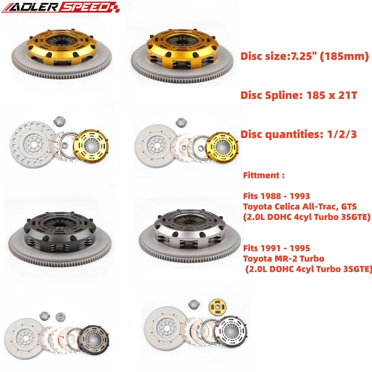 

ADLERSPEED 7.25"(185mm) Racing /Street Clutch Single/Twin/Triple Disc Kit For TOYOTA CELICA ALL TRAC MR2 TURBO 3SGTE