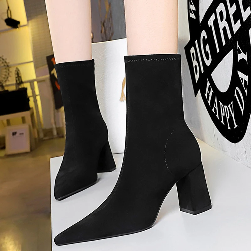 BIGTREE Shoes High Heel Boots Suede Women Ankle Boots Pointed Toe Socks Boots Thick Heel Women Shoes Warm Winter Boots Size 43