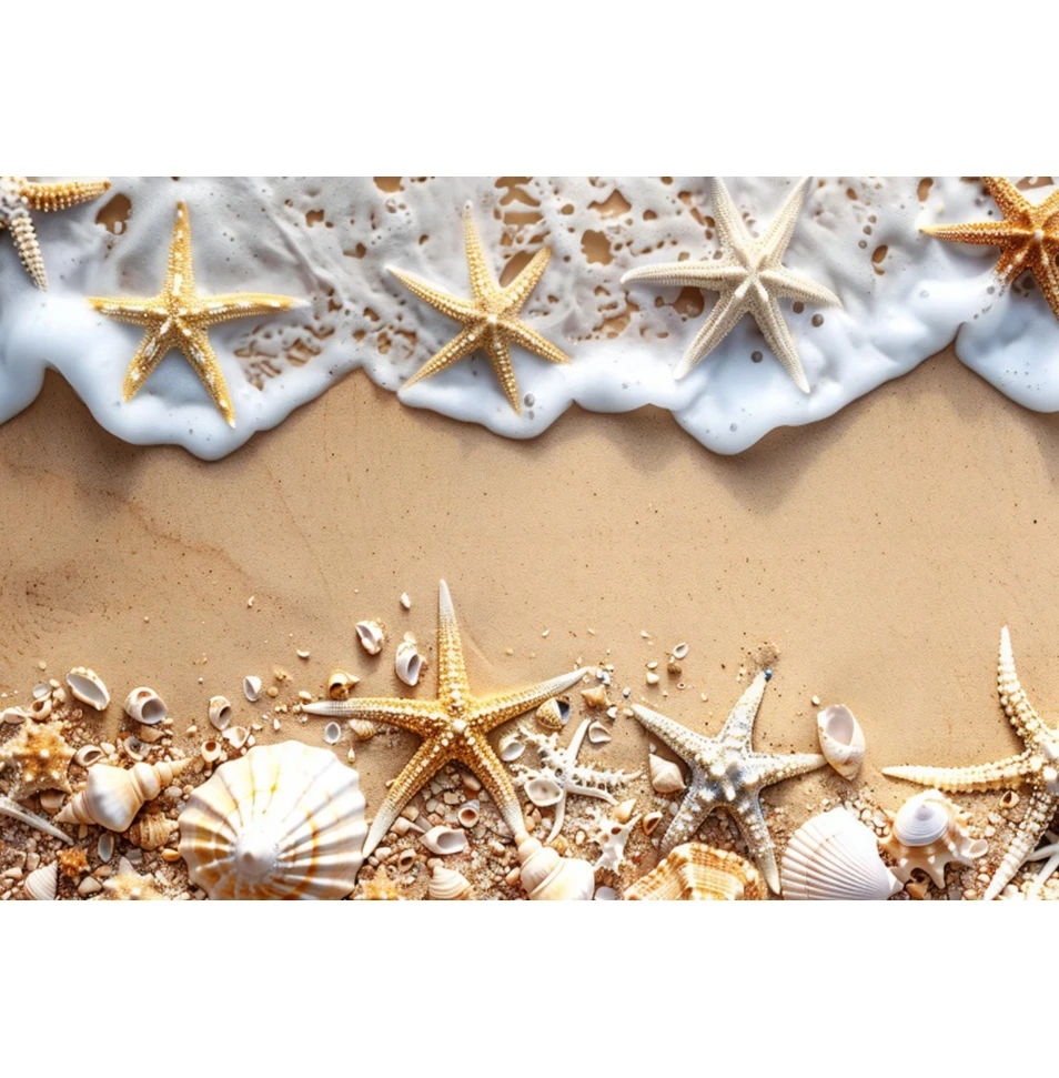 Fondo de playa de verano, playa de arena, concha, Concha, estrella de mar, fiesta de cumpleaños, retrato de vacaciones para bebés y niños, fondo de fotografía