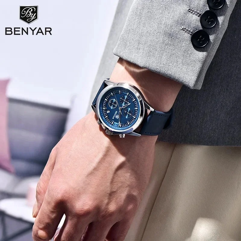 BENYAR BY-5210 Men's Quartz Chronograph Watch 2026 New Multi-Functional 40MM Dial Luminous Hands Genuine Leather Strap 50M Water