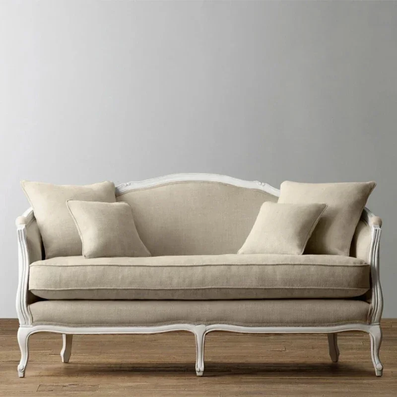 American retro solid wood oak cotton and linen fabric sofa, double three-person sitting living room fully equipped with simple