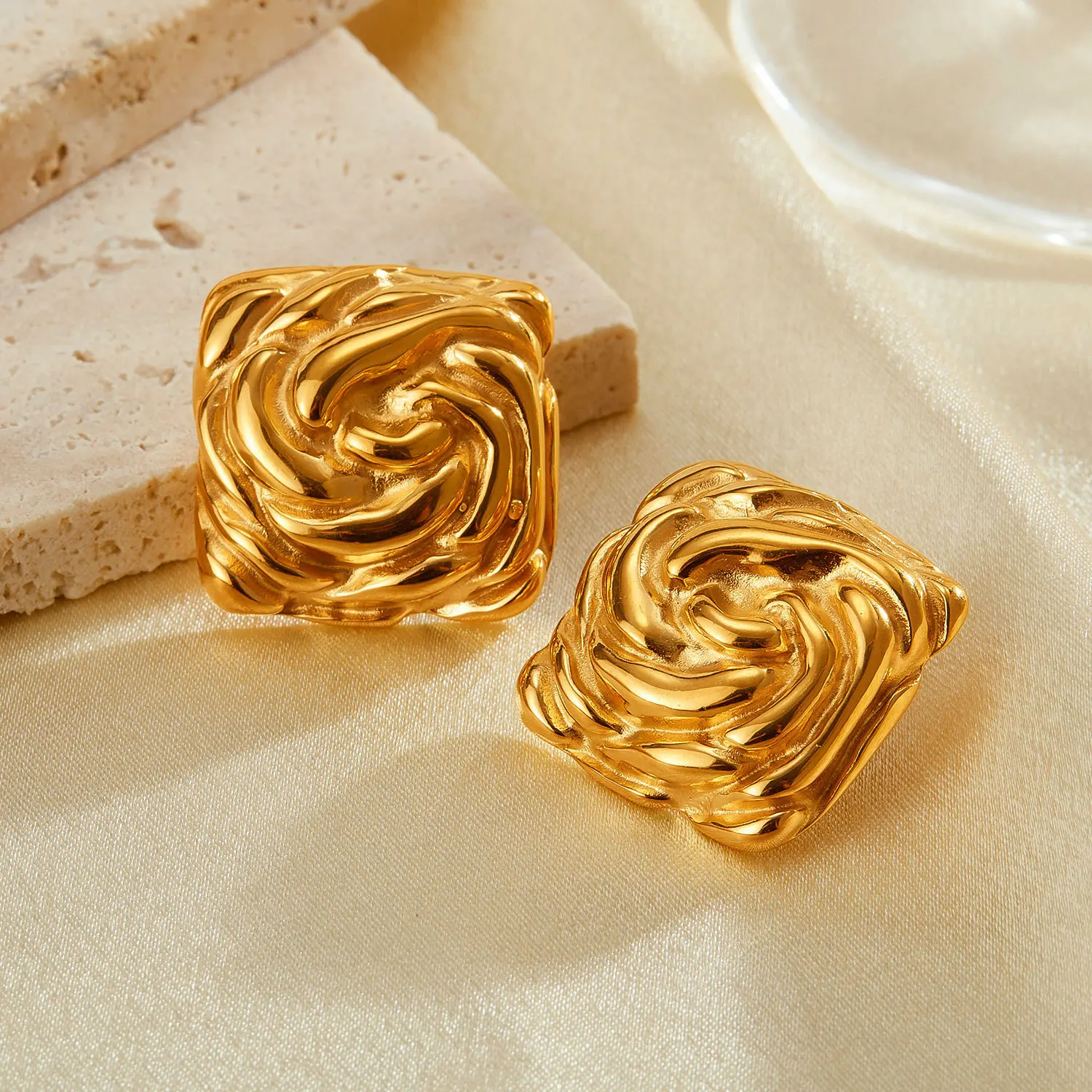 Hiphop Rock Textured Hammered Geometric Square Big Ear Stud for Women Stainless Steel Earrings Party Jewelry Gifts Waterproof