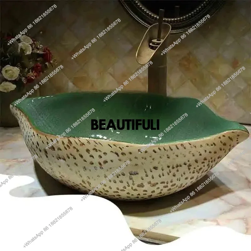 RR Ceramic Basin Retro Leaf Art Basin Chinese Style Antique Shaped Wash Basin Balcony Hand Wash Sinks Personality Countertop Sin