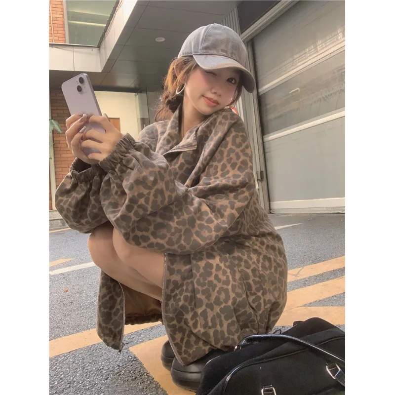 

Женский повседневный топ свободного покроя на молнии с леопардовым принтом, удобная осенняя верхняя одежда для отдыха