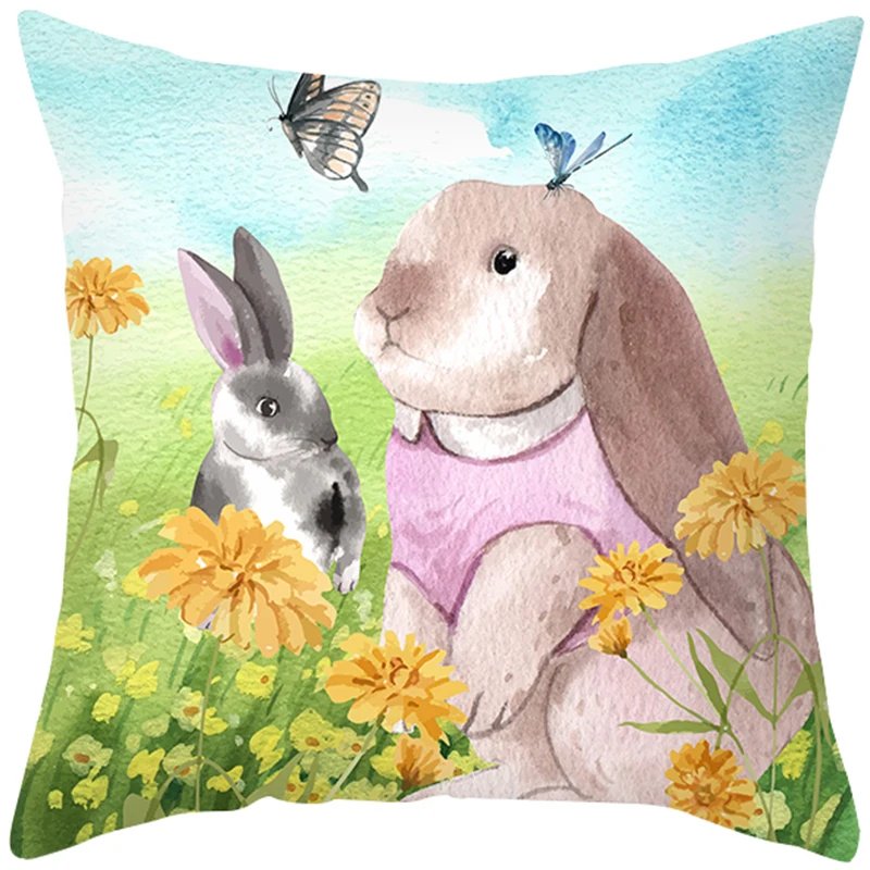 Easter Decoration Pillowcase Sofa Cushion Case Bed Pillow Cover Home Party Cushion Cover Watercolor Rabbit Throw Pillowcase 45cm