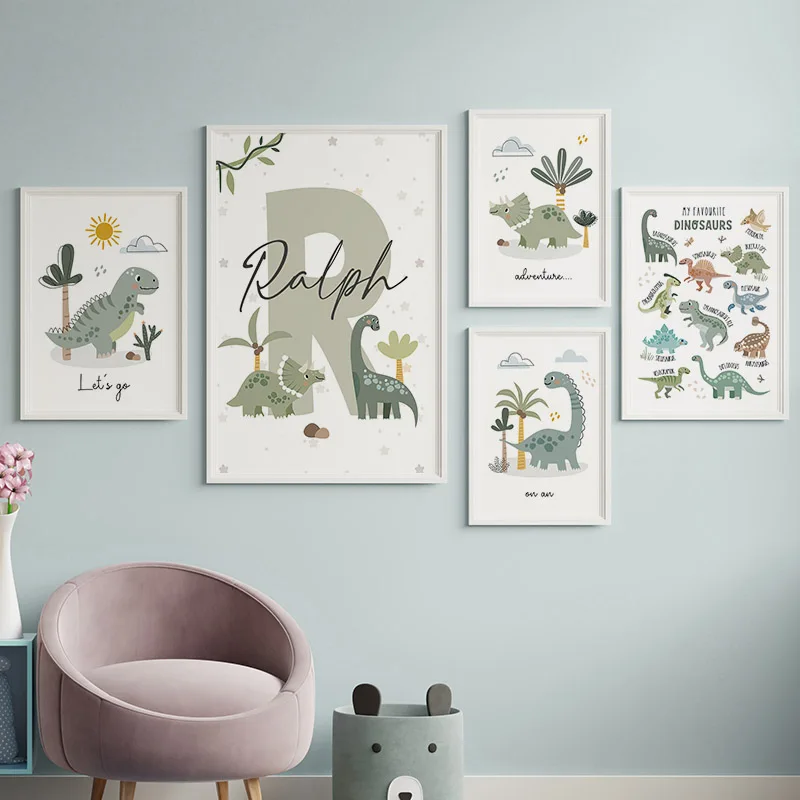 Jurassic Period Dinosaur Earth Custom Baby Name Wall Art Canvas Painting Nordic Posters And Prints Wall Pictures Kids Room Decor