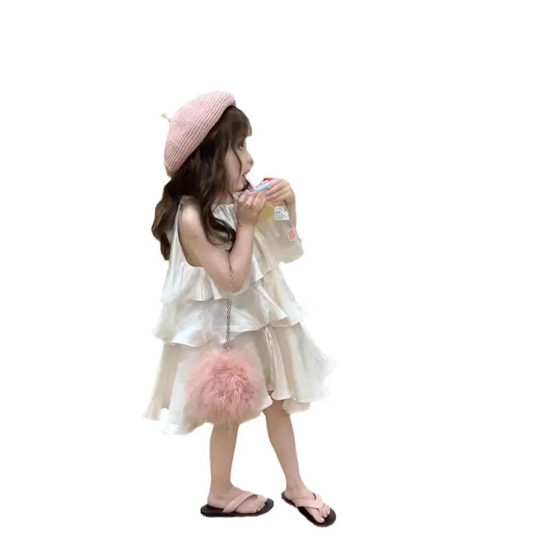 Girls Dress  Summer Girl Temperament Vacation Style Three Layer Ruffle Edge Suspender Dress Hanging Neck Cake Dress