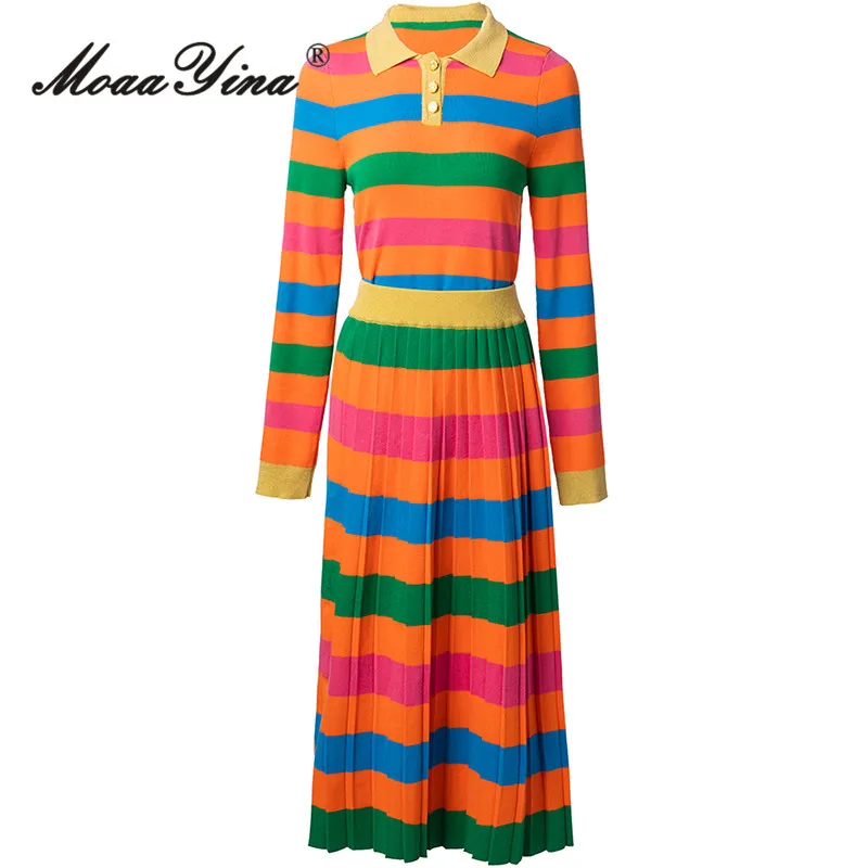

MoaaYina 2025 Spring/Summer Colorful Striped Collar Top+Colorful Striped Skirt Two Piece Set