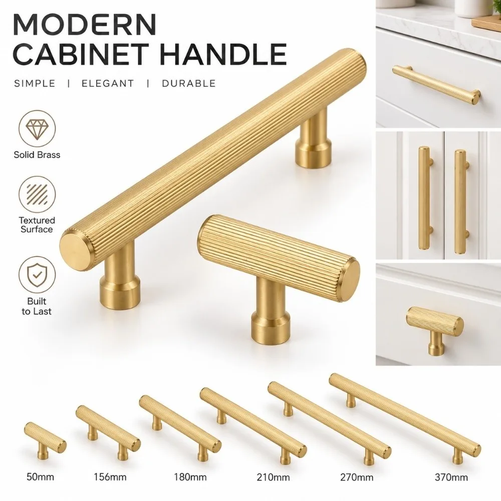 Solid Brass Cabinet Handles Surface Mounted Ribbed Cylindrical Furniture Handles Brushed Gold DIY Friendly Cupboard Handles