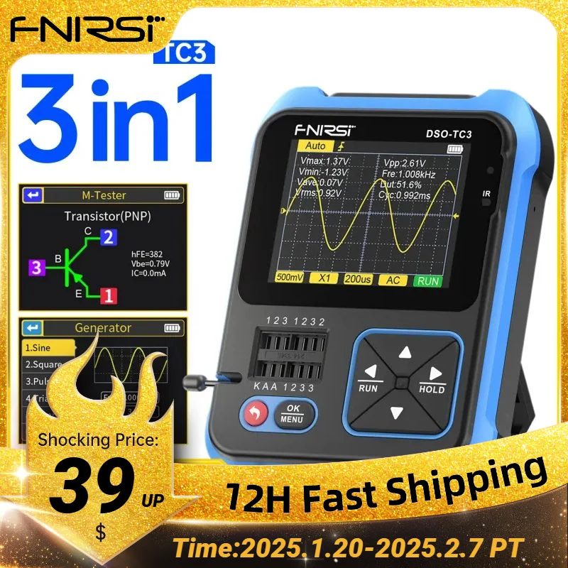 FNIRSI DSO-TC3 Digital Oscilloscope Transistor Tester Signal Generator 3 in1 500Khz 10MSa/s Capacitor Resistor Diode 100K output