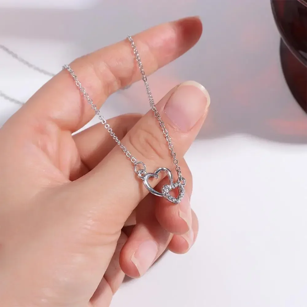 Interlocking Double Heart Necklace Sparkly Pavé Rhinestone Pendant Thin Chain Clasp Choker Romantic Daily Jewelry Gift For Her