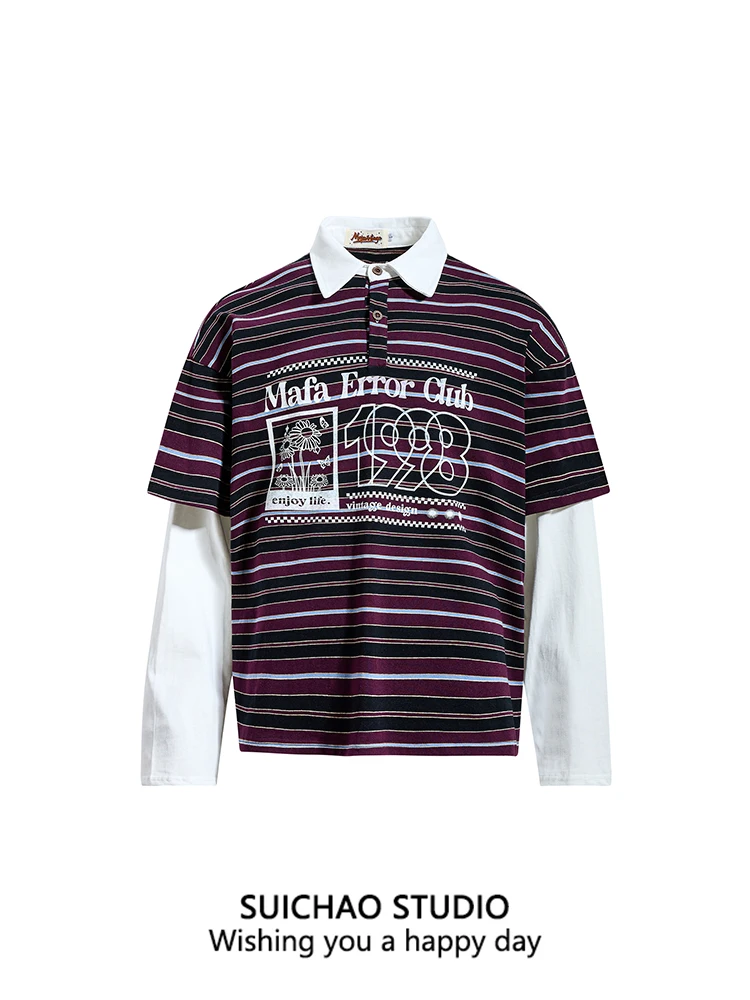 

Мужская повседневная свободная универсальная рубашка Suichao в американском ретро-стиле с полосками, имитация двухслойности, длинный рукав, 100% дышащий хлопок