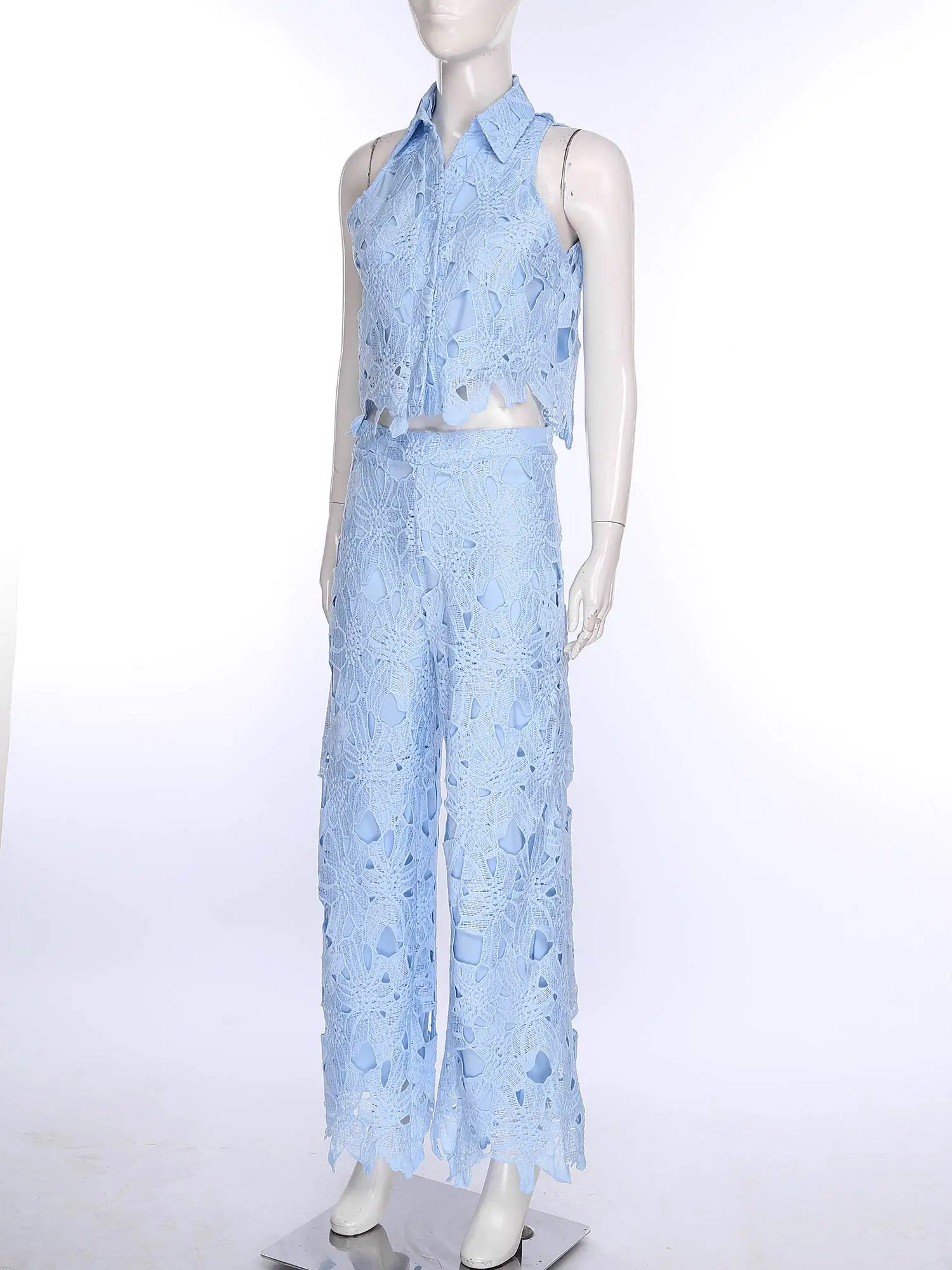 

Women's Lace Casual Pants Suits Sets Fashion Outfits Woman Clothes 2Pcs Woman Clothes 2025 Lapel Sleveless Suits Party Costume