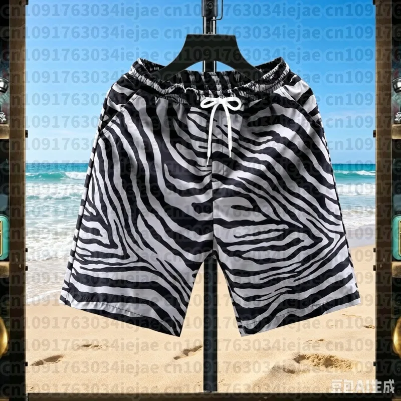 Korean Style Trendy Plaid Zebra Print Men's Quick-drying Shorts Soft Comfy Stylish Loose-Fit Casual Outer Wear Beach Pants Moto