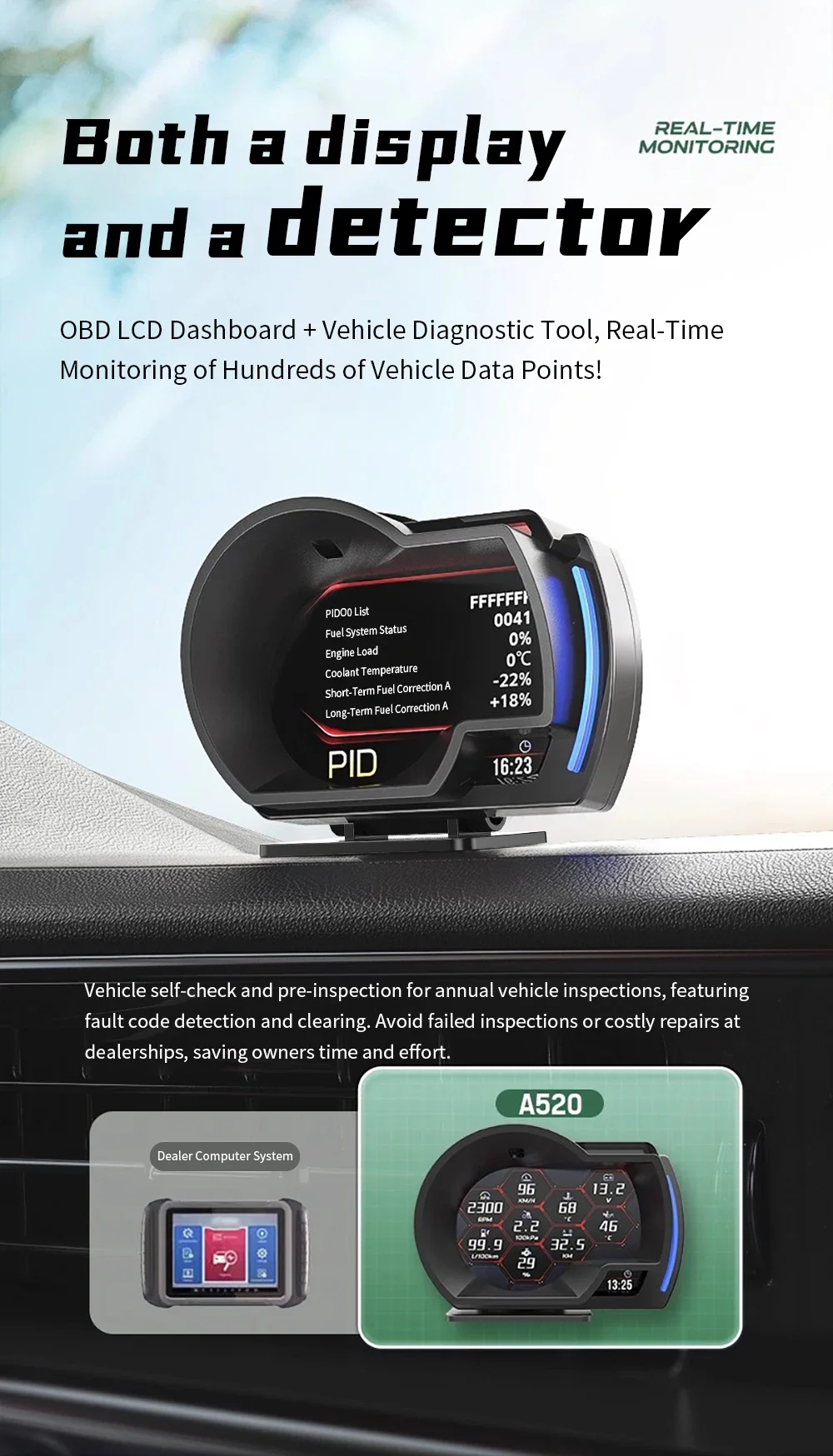 A520 OBD+GPS HUD Tachometer Wassertemperatur Drehzahlmesser Kraftstoffstand Digitaler Head-Up-Display Smart Gauge Geschwindigkeitswarnung Auto-Diagnosegerät – Detail 11