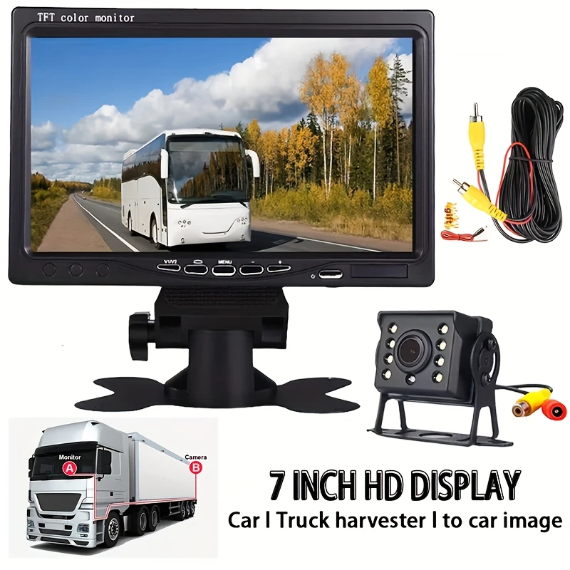 Bus Truck Trailer Car Reverse Backup Camera Kit with 17.78cm TFT LCD HD Color Monitor - 8 LED, Suitable for All Vehicles
