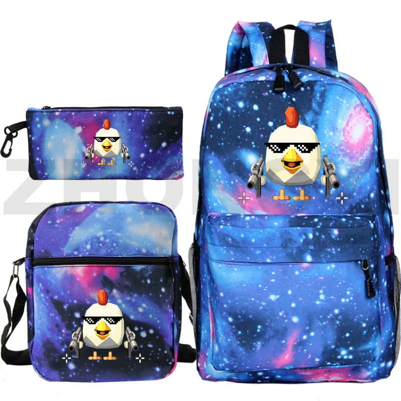 Chicken Gun Backpack for School Teenager Girl 3 in 1 Set Anime Chicken Gun Primary High School Bags Canvas Backpack Men Bookbag