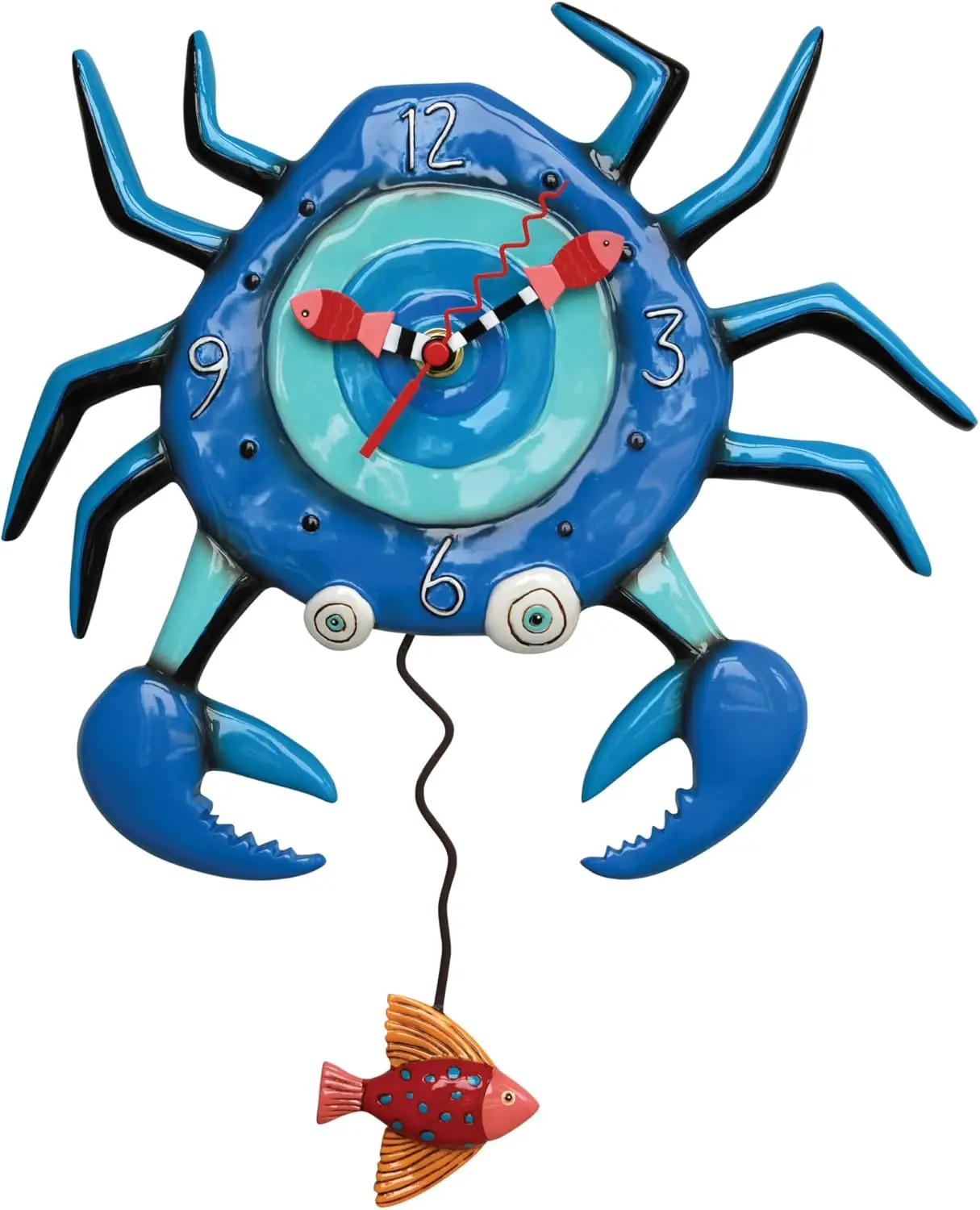

Blue Crab with Fish Pendulum Wall Clock, Hand-Painted Resin Art, 14.25 Inch