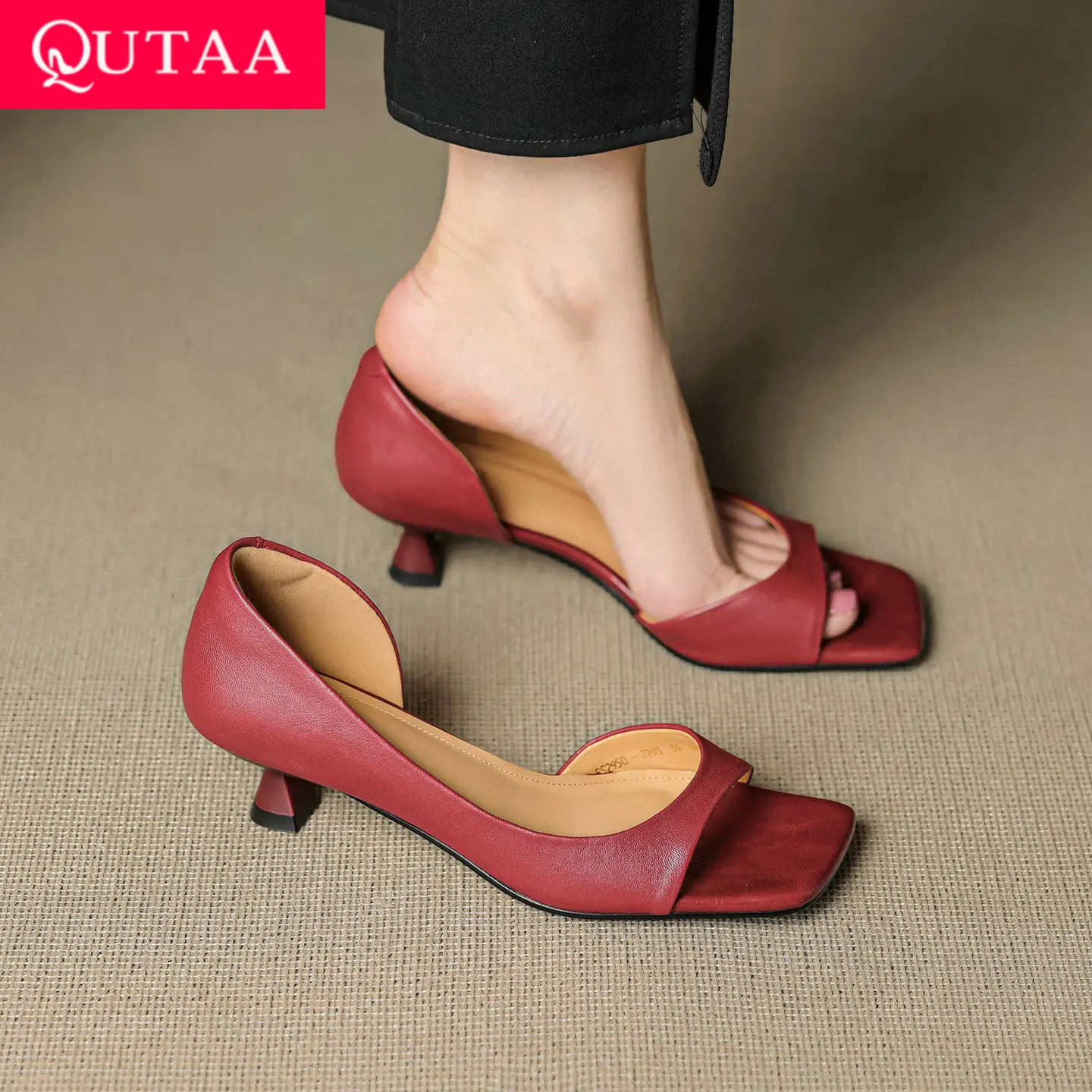 

QUTAA 2025 Fashion Summer Women Sandals Shoes Mid Heels Sexy Cow leather Square Open toe Party Pumps Shoes Dress 34-40
