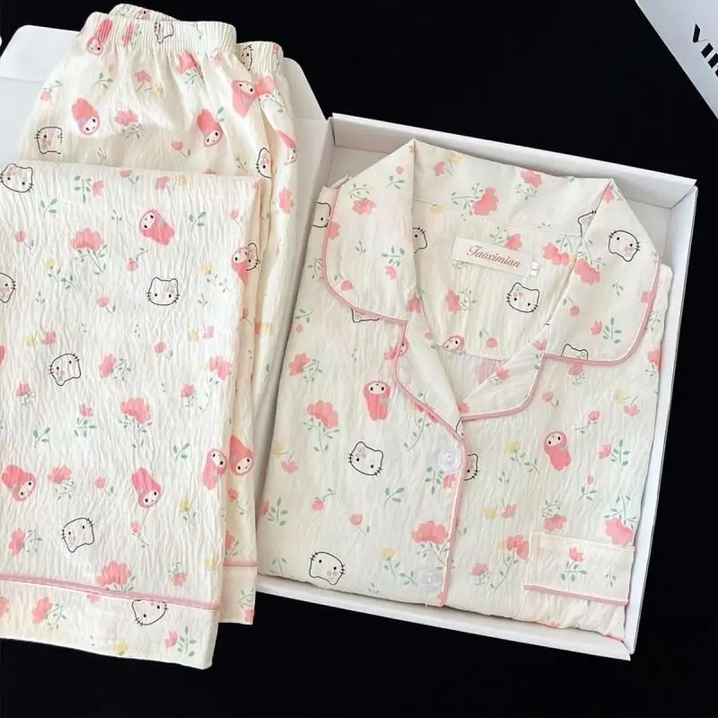 

Комплект пижамы Sanrio Hello Kitty, хлопковая домашняя одежда для женщин, с длинными рукавами, весна-осень, тонкий, милый кардиган, стильная одежда для сна с мультяшным принтом