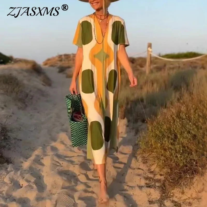 Elegancka Sukienka Szlafrokowa w Stylu Retro z Rozcięciem, Damska Letnia Sukienka z Krótkim Rękawem, Kontrastowa Sukienka w Linii A, Długa Sukienka Boho, Luźna Sukienka z Dekoltem O, Sukienka na Wakacje i Bal