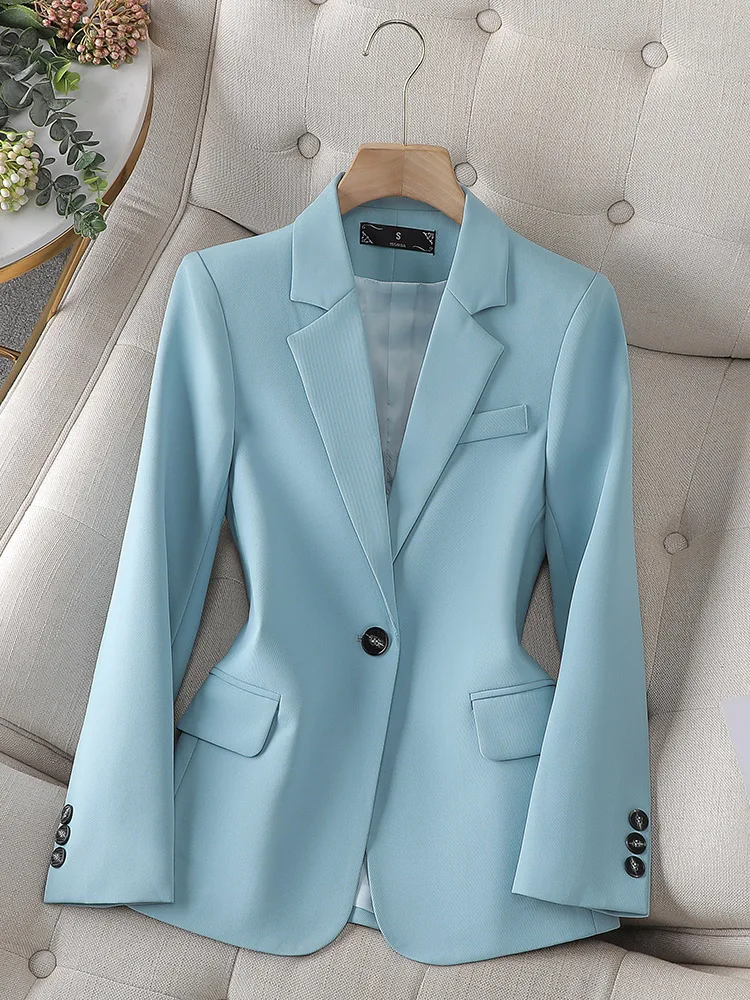 Women's Monochromatic Formal Jacket, Long Sleeve Blazer, Single Button, Blue, Black, Pink, Coffee, Ladies, Female Business Work