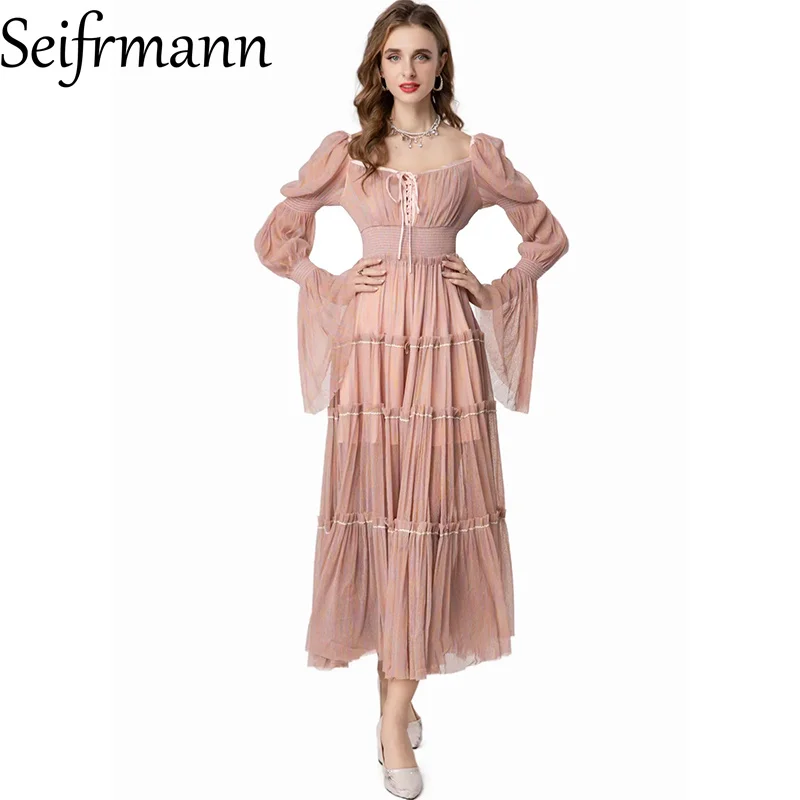 Seifrmann 2026 Summer Women's New Fashionable Square Collar Long Sleeve shiny thread Waist cinching Long Dress