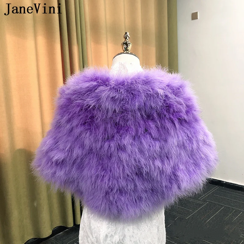 JaneVini Elegant Purple Faux Fur Cape Women Ostrich Feather Bridal Dress Shawl Wraps Stoles Wedding Fur Boleros Shrugs Bruidsjas