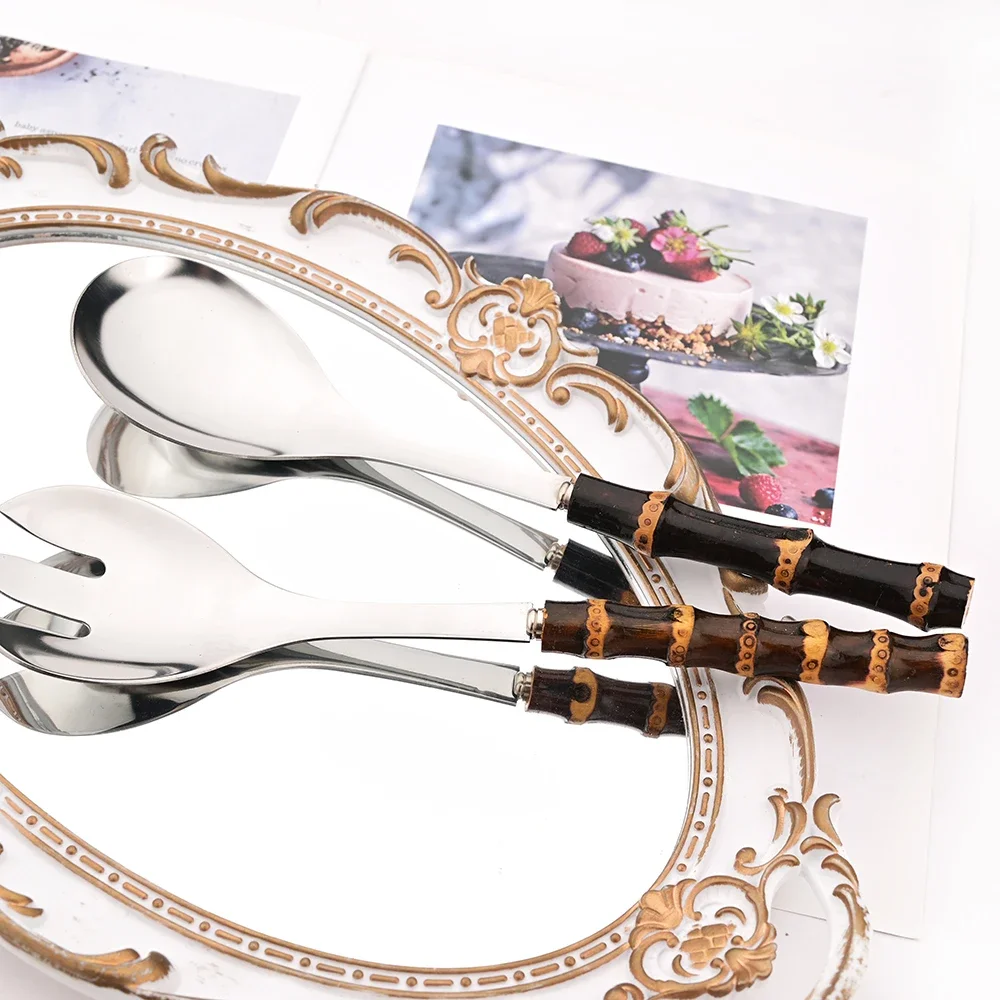 2Pcs Black Silver Dinnerware Stainless Steel Cutlery Wood Bamboo Handle Food Serving Salad Spork Server Fork Spoon Tableware Set
