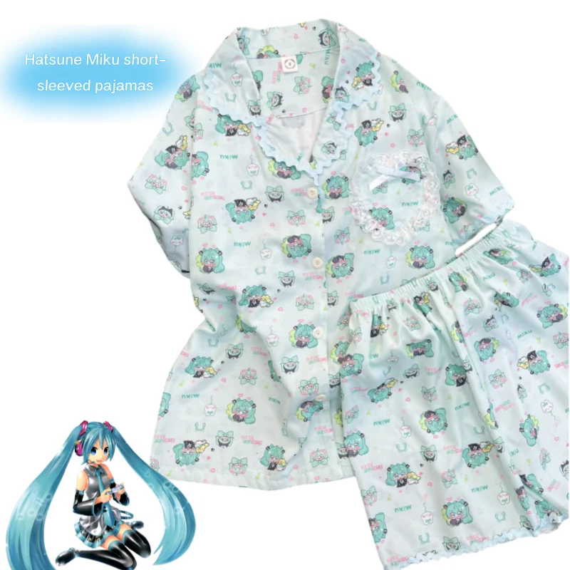 

Hatsune Miku anime two-dimensional cartoon cute short sleeve shorts girl ice silk pajamas creative kawaii loungewear set gifts