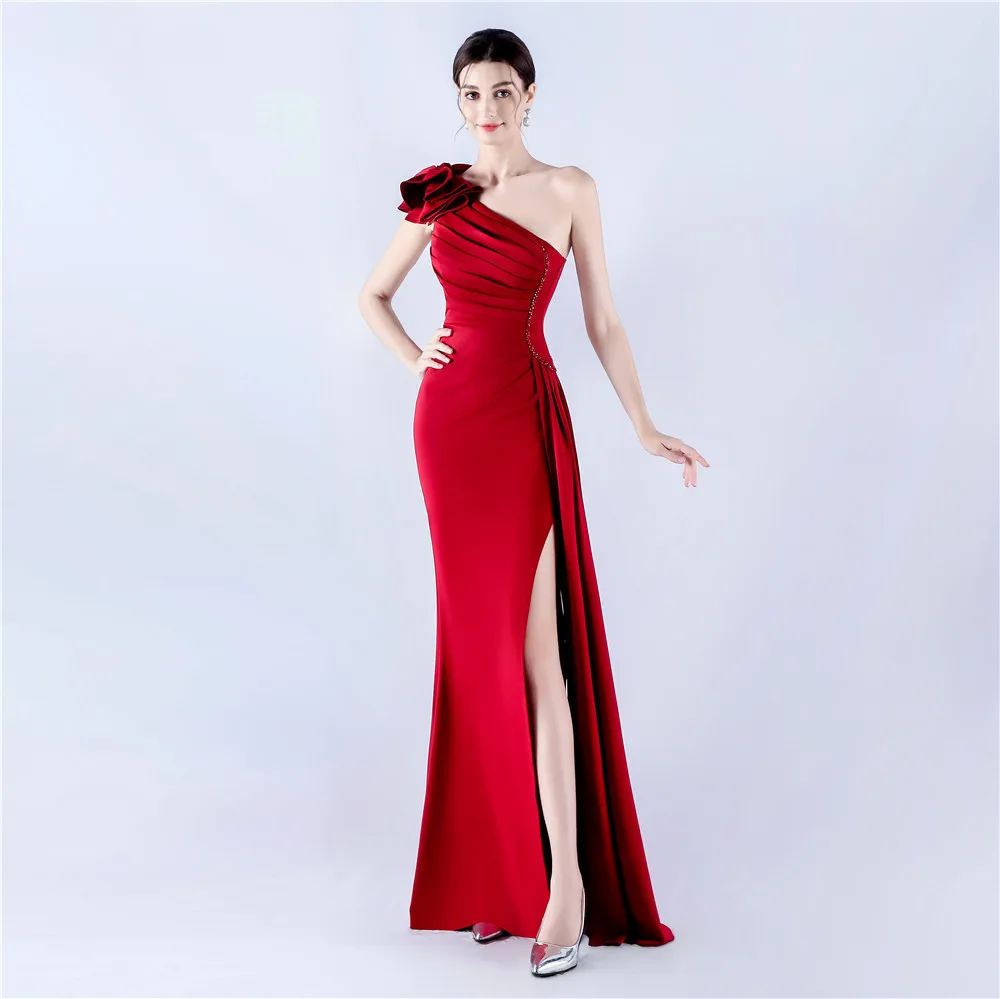 Sladuo Women's Summer One Shoulder Long Formal Dresses Sleeveless Ruched Bodycon Evening Party Wedding Guest Slit Maxi Dress