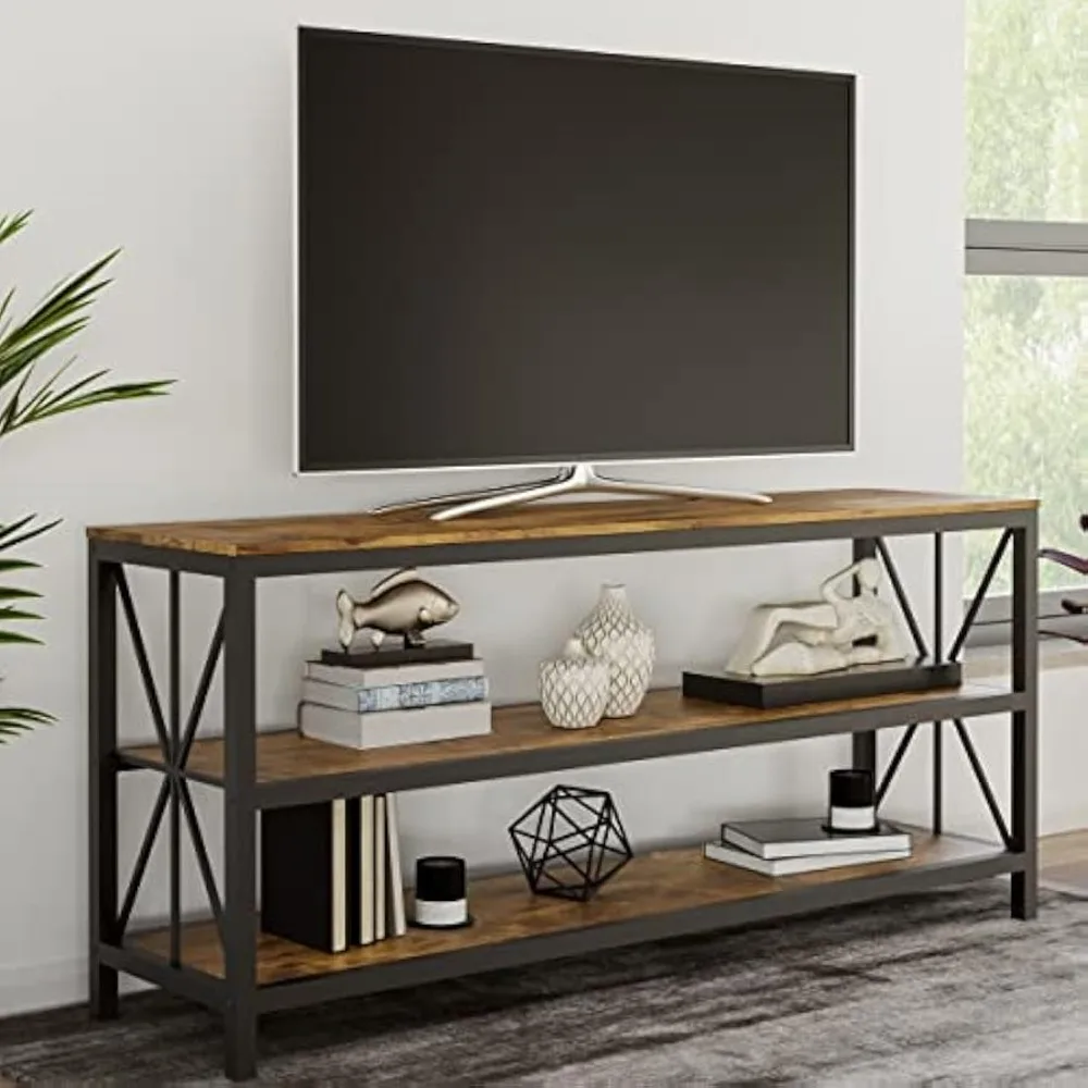 

Farmhouse TV Stand – 3-Tier Open Back Entertainment Center for 70-inch Television, Barnwood Media Console Shelves