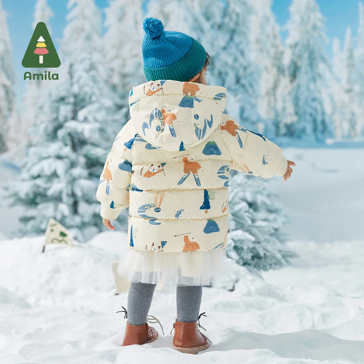 Amila Baby\'s Down Jacket 2024 Winter New Boys and Girls Cute Cartoon Print Down Warm Hooded Anti-chill Coat Kids Fashion Casual