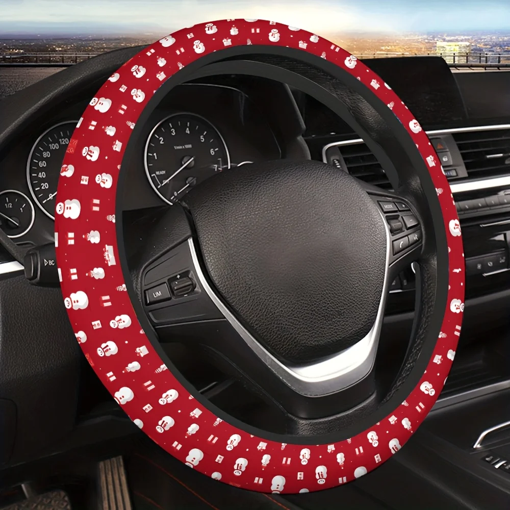 

Steering Wheel Cover Red White Christmas Snowman with Scarves Gift Boxes Design Steering Wheel for Compatible with Most Vehicles