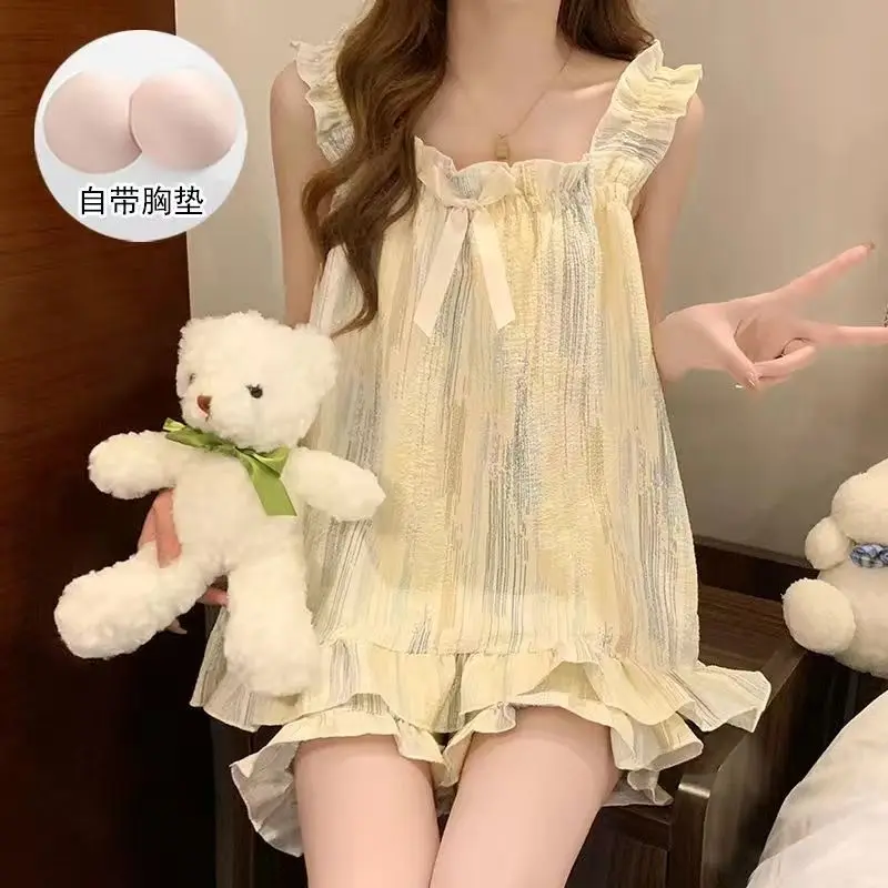 

Pajama Sets Women's Summer 2025 Korean Cute Loose Girl's Sling Home Clothes 2-Piece Set Large Clothing Sleeping Pajamas Satin Pj