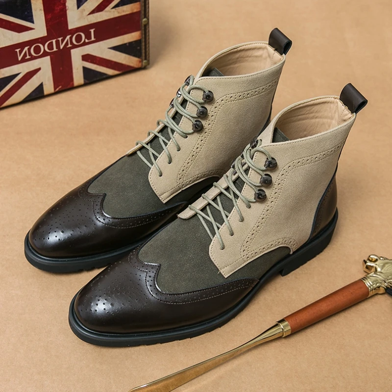 

British Style Men's High Top Leather Shoes Brogue Business Casual Short Boots Fashionable Retro Pointed Men Chelsea Boots