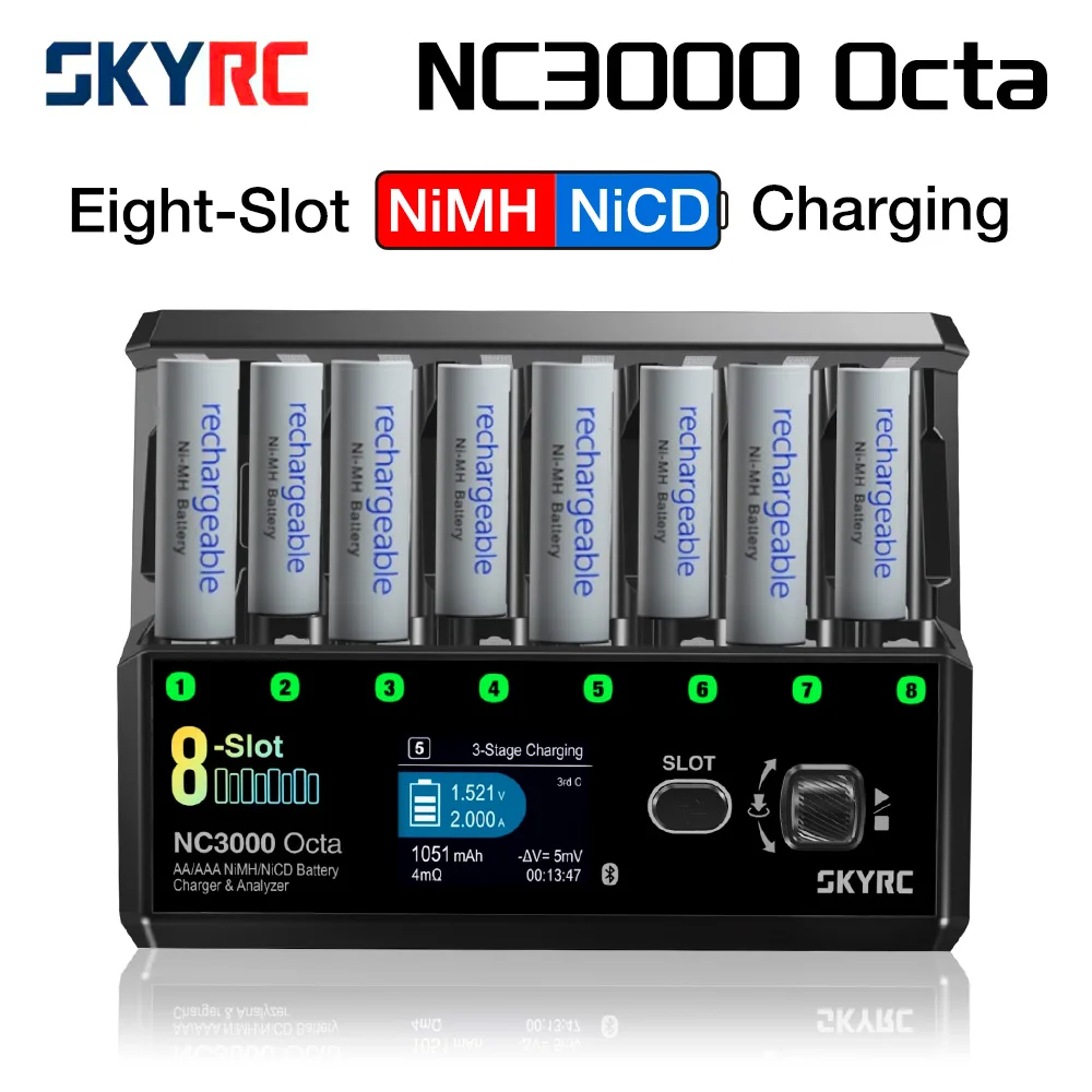 

SKYRC NC3000 Octa NiMH NiCD зарядное устройство, 8 слотов, 7 умных режимов, 100-5000 мАч, 48 Вт, зарядная мощность, 30 Вт, разрядная мощность, зарядное устройство для аккумуляторов AA/AAA
