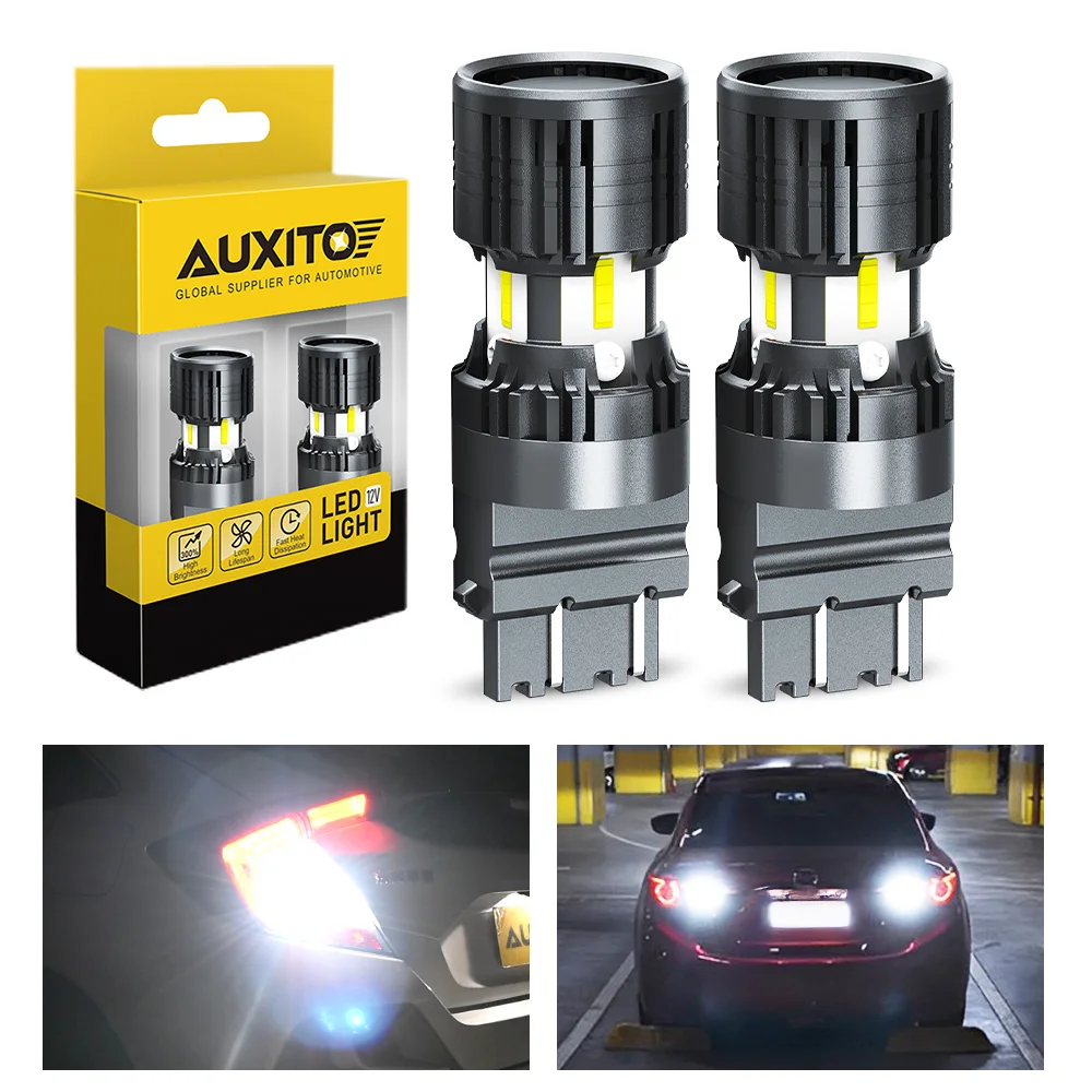 AUXITO 2Pcs 4KP8 3157 P27/7W T25 LED Light Bulbs With A Fan Canbus White Red 2200K Amber For Car Reverse Tail Brake Position Parking Turn Signal Lamp High Power Super Bright 12V