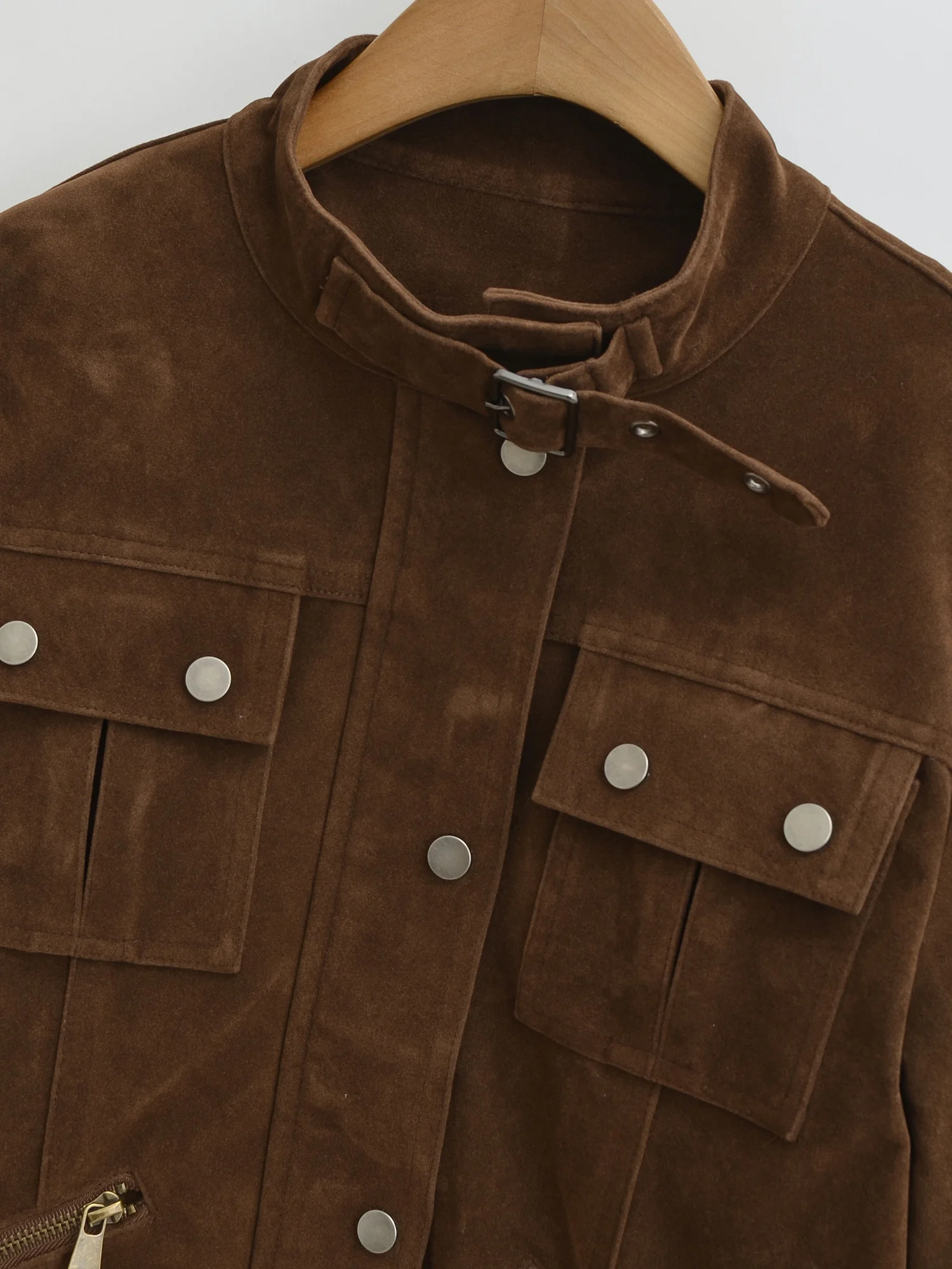 Abbigliamento da lavoro americano retrò Sle da donna in pelle scamosciata allentata Jaet Colletto alla coreana Multi-ket Moto Jaet Marrone Capispalla versatile