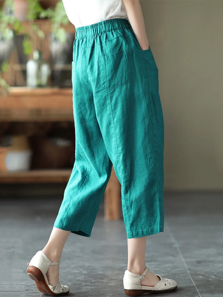 Pantaloni estivi da donna in lino di cotone sciolto Vita alta Harlan Sle Casual Loose Fit plus Size Pantaloni dimagranti a nove punti